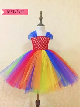 Rainbow момичета плетене на една кука дълга рокля с пачки деца ръчно изработени пухкави тюл топка рокля с воал рамото лък деца евтини парти рокли