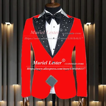 Red Men Suit Jackets Tailore Made Single Breasted Groom Wedding Tuxedo One Pieces Beaded Satin Lapel Blazer Slim Fit Man Coat
