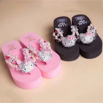 Sanrio Hello Kitty меки флип флоп сандали Y2k плажни пързалки обувки жени Kawaii случайни клин високи токчета платформа чехли дами