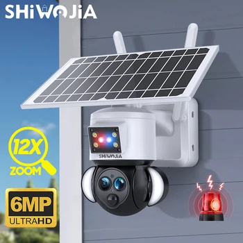 SHIWOJIA Външна 4G слънчева камера 3K 6MP 12X оптично увеличение Двоен обектив WiFi камера за сигурност AI хуманоидно проследяване Водоустойчиво видеонаблюдение