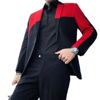 Slim Fit Черно червено шиене мъже палто Notch ревера нетактичност панталони Groomsmen костюми парти износване 2бр бала пушене мъжко яке + панталони