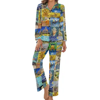Vincent Van Gogh пижами пролет 2 парче пачуърк печат мода пижама комплекти женски дълъг ръкав V врата сън отпечатани нощно облекло