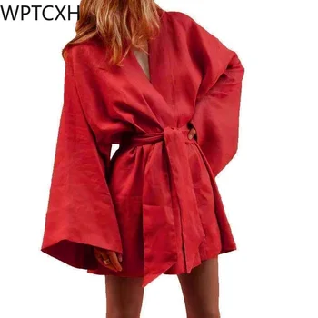 WPTCXH Пролет Есен Нова мода Пижама Темперамент Плътен цвят Ревера Спално облекло V Neck Loose Nightdress Loungewear Жилетка