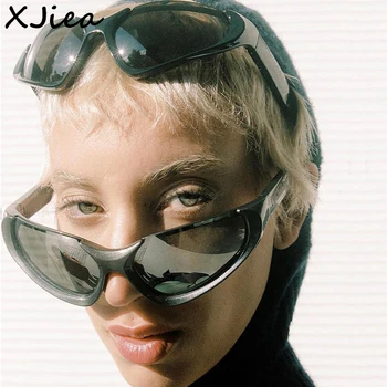 XJiea 2024 Дизайнерски полу слънчеви очила без рамки Жени Мъже Steampunk Y2K слънчеви очила Мода Открит Колоездене Огледални нюанси Goggle