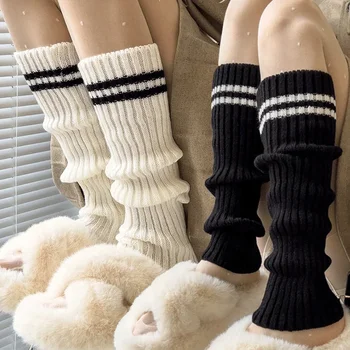 Y2K Дамски раирани подгреватели за крака Плетена ивица Сладък топъл крак ръкав чорапи Клинове Японски сладкиши Зима Есен Чорапи Чорапогащник