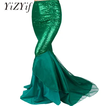 YiZYiF Sequined русалка пола Хелоуин косплей русалка костюм Макси пола аниме малка русалка дълга зелена пола жени