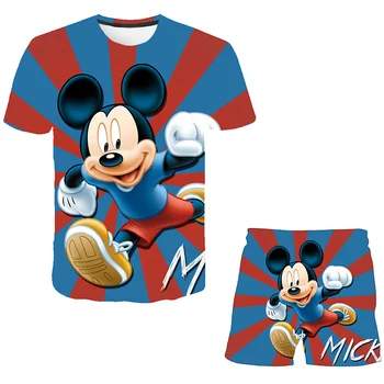 бебе Мики Маус момиче дрехи комплект 3D мода карикатура Disney O-образно деколте къс ръкав T ризи + еластична талия къси панталони 2бр / екипировки