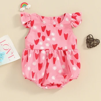 бебе момиче без ръкави гащеризон лято сърце печат разрошен гащеризон за новородено малко дете сладък дрехи