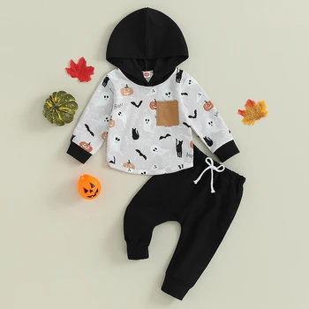 Бебешки момчета панталони комплект, дълъг ръкав призрак прилеп тиква печат качулка с sweatpants Хелоуин дрехи