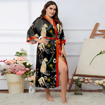 голям размер халат за баня спално облекло женски хлабав печат кимоно роба рокля с колан салон случайни nightdess жени нощница фоайе