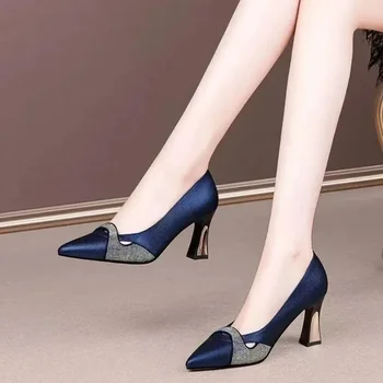 Дамски класически тъмносини кристални блестящи обувки на висок ток Lady Spring & Summer Comfort Стилни помпи Mulheres De Salto Alto E357