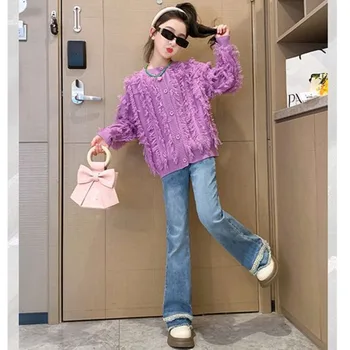 Дамски костюм Суитчър Дънки Две части Пролет Есен Детски дрехи Корейски Модни плетене Жилетка Топ панталони комплекти
