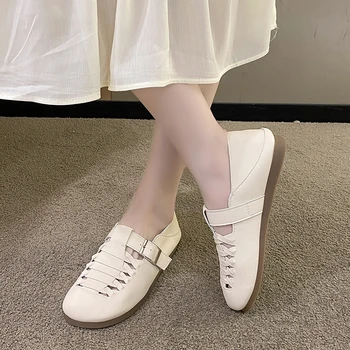 Дамски плитки плоски обувки 2023 Лято Ново ретро дишащо кухо приплъзване на ежедневни обувки за жени Coformt Дамски обувки за ходене