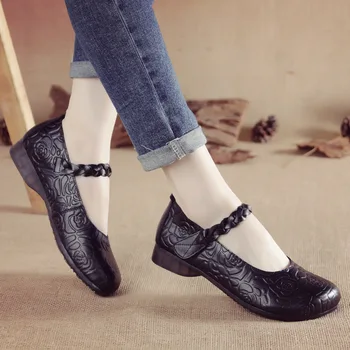 Дамски плоски обувки естествена кожа майка обувки меко дъно комфорт ежедневни обувки женски дишаща ходене обувки
