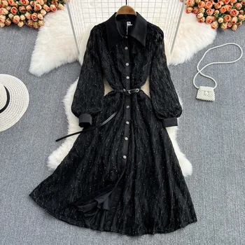 Дамски подиум мода пролет есен дълъг ръкав черна рокля женски висока талия шик A-линия парти рокля TB418