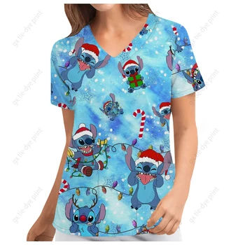 Дамски тениски медицински сестрински униформа участък Disney Коледа бод печат v-образно деколте T риза върховете с джоб Дамско облекло