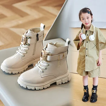 Детски модни момичета боти до глезена 2023 Детски ежедневни обувки Лъскави неплъзгащи се гъвкави прости странични обувки с цип