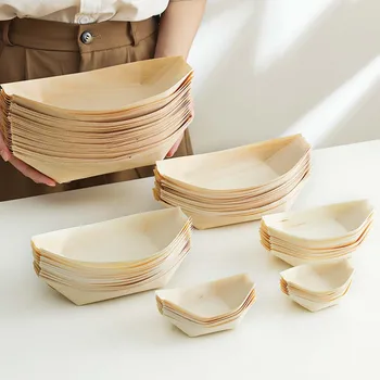 Еднократни дървени лодки чинии по-добре от бамбук 100% компостируеми и биоразградими екологични парти плочи