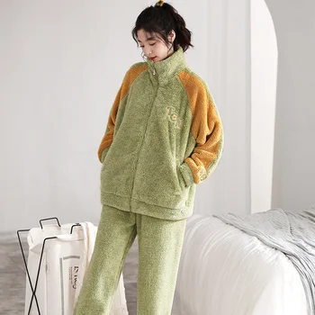 Есен и зима фланела дамски домашно облекло жилетка цип стил дамски пижами коралови кадифе меки ежедневни може да се носи externall