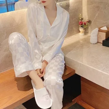 жакардова карирана копринена пижама комплект за жени - висококачествена ледена коприна с дълъг ръкав може да се носи извън пижамата за домашно облекло