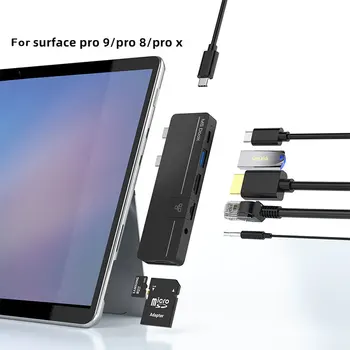 За Surface Pro x / Pro 8 / Pro 9 USB тип C HUB USB HUB Към HDMI 4K с Thunderbolt 3 USB 3.0 RJ45 PD зареждане TF / SD аудио слот