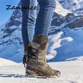 Зима 2019 Нов голям размер 40-43 Дамски ботуши Обувки в средата на прасеца Мода Дръжте топли ботуши сняг каубойски стил дантела нагоре зимни обувки