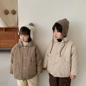 Зимни бебешки момичета памучни палта 2021 Нова корейска зима плюс кадифе подплатено палто за момчета и момичета Замърсен цвят Топли връхни дрехи