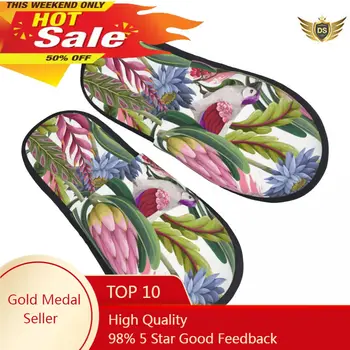 Зимни жени мъже нехлъзгащи се плоски чехли Protea тропически цветя и птици вътрешна кожа меки топли обувки