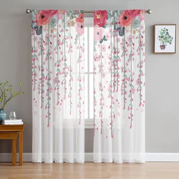 Илюстрация на растения и цветя в червено и розово отвесни завеси Всекидневна спалня Voile прозорец завеса тюл завеси