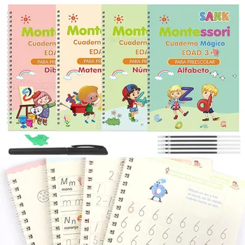 Испански магически книги Учене на надписи в проследяването на работна книга за деца Тетрадки за многократна употреба за деца Испанско Монтесори писане