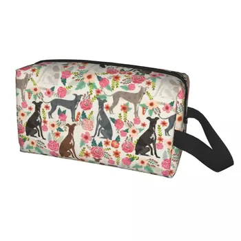 Италианска хрътка куче флорални козметични чанта жени голям капацитет Sighthound Whippet куче грим случай красота съхранение тоалетни принадлежности чанти