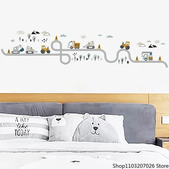 Карикатура стена стикери за момчета стая декорация трафик писта автомобили камион трактор булдозер стена ваденки за спалня детска стая