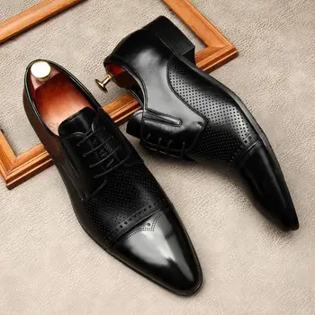Класически мъжки обувки от естествена кожа Oxford Derby Lace-Up Office Dress Wedding Brogue Pointed Toe Бизнес официални обувки за мъже