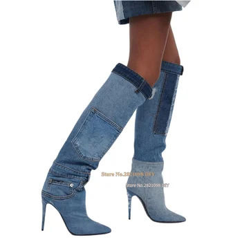 Колан каишка високо деним токчета коляното дължина дълги ботуши жените заострени пръсти шило токчета дънки обувка с джобове нитове