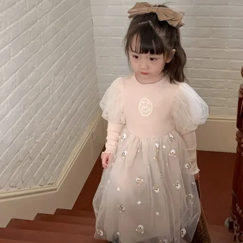 Корейски детски дрехи пролет ново момиче сладко сърце мечка окото принцеса рокля бутер ръкав рокля Zljg