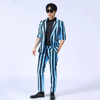 корейски стил мъже синьо черно райе костюм случайни тънък годни нетактичност панталон бар певец етап фризьорски салон нощен клуб етап 2бр комплект