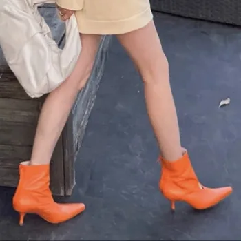 Кухи оранжеви ботуши на шило заострени пръсти назад цип обувки със среден ток кожени къси ботини дамски обувки Zapatos Mujer