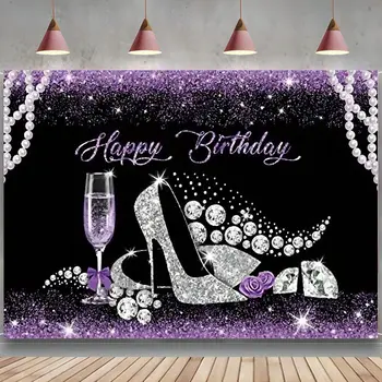 Луксозни сребърни блестящи токчета жени дама рожден ден фон лилави звезди перлени колиета шампанско diamons 50 фон банер
