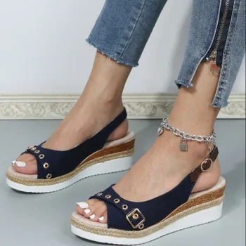 Лятна мода голям размер ключалката нит кифла слама тъкани платформа клин плажни сандали за жени