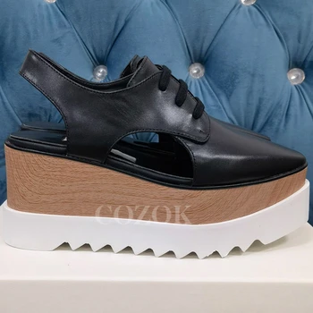 Лято Появяват се нови женски сандали избелване вълна дъното дизайн платформа сандали дантела нагоре височина увеличаване жени Muffine обувки