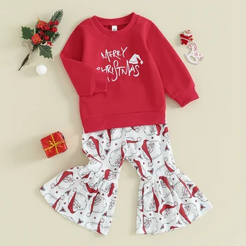 Малки момичета Коледа бебе облекло дълъг ръкав писмо печат суитчър Дядо Коледа печат панталони комплекти