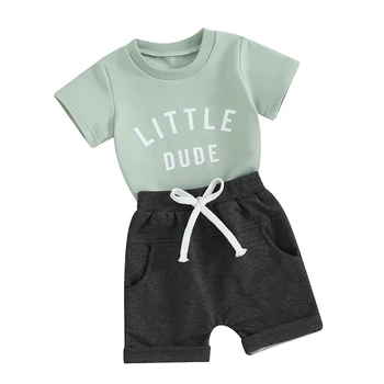 Малко дете бебе момче летни дрехи сладък писмо печат къс ръкав T риза върховете и участък шорти Playwear екипировки