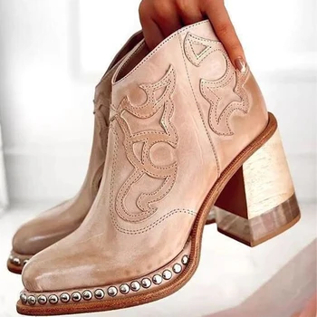 Маогу Жена Зима 2023 Обувки на висок ток британски бродирани дизайн къси обувки Chaussure кожа жени глезена ботуши 42 43