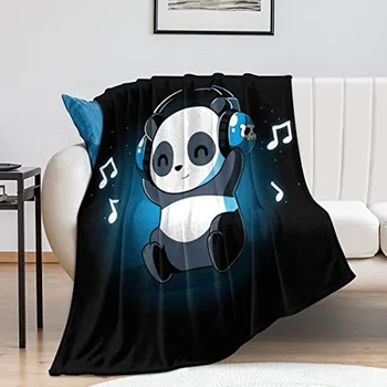 Мек лек фланел руно хвърлят одеяло карикатура сладко бебе панда със слушалки музика легло диван одеяло за възрастни деца
