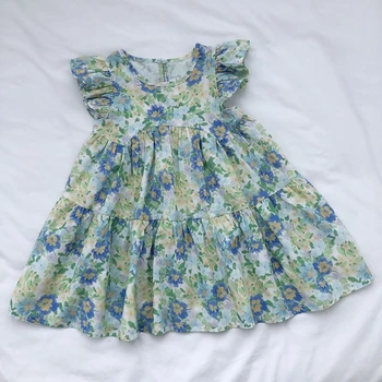 Момичета Летни памучни рокли Пола за печат на цветя Деца Зелени причинно-следствени плажни дрехи Детски сладки принцеси Outfit 1-12Year