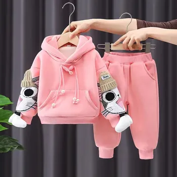 Момичета пролет и есен комплект нов корейски карикатура котка модерен детски качулка пуловер панталони две части