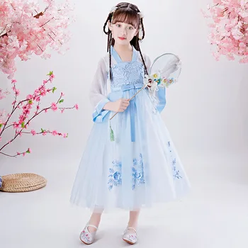 Момичета Ханфу детски дрехи рокля за пролет лято Нови детски Tang костюм окото дантела Flare ръкав фея древен костюм