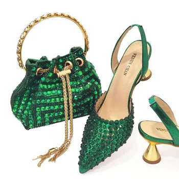 Най-новата мода метална риба кост стил италиански дизайн дамски обувки и чанта, украсени с цветни кристал в зелен цвят