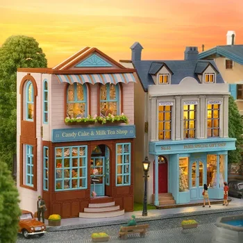 Нов DIY дървен миниатюрен строителен комплект Къщи за кукли с мебели Десертен магазин Casa Dollhouse Ръчно изработени играчки Момичета Коледни подаръци
