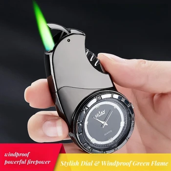 Нов метален външен кварцов часовник Ветроупорен зелен директен пламък газова запалка Push Ignition преносима запалка с турбо факел Мъжки подарък